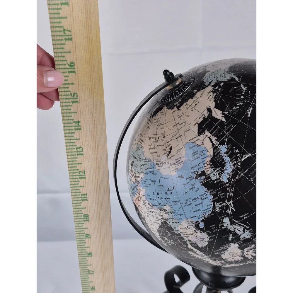 Vintage Tilted Black Ocean Globe USSR Yugoslavia Serbia Wrought Iron Stand 16